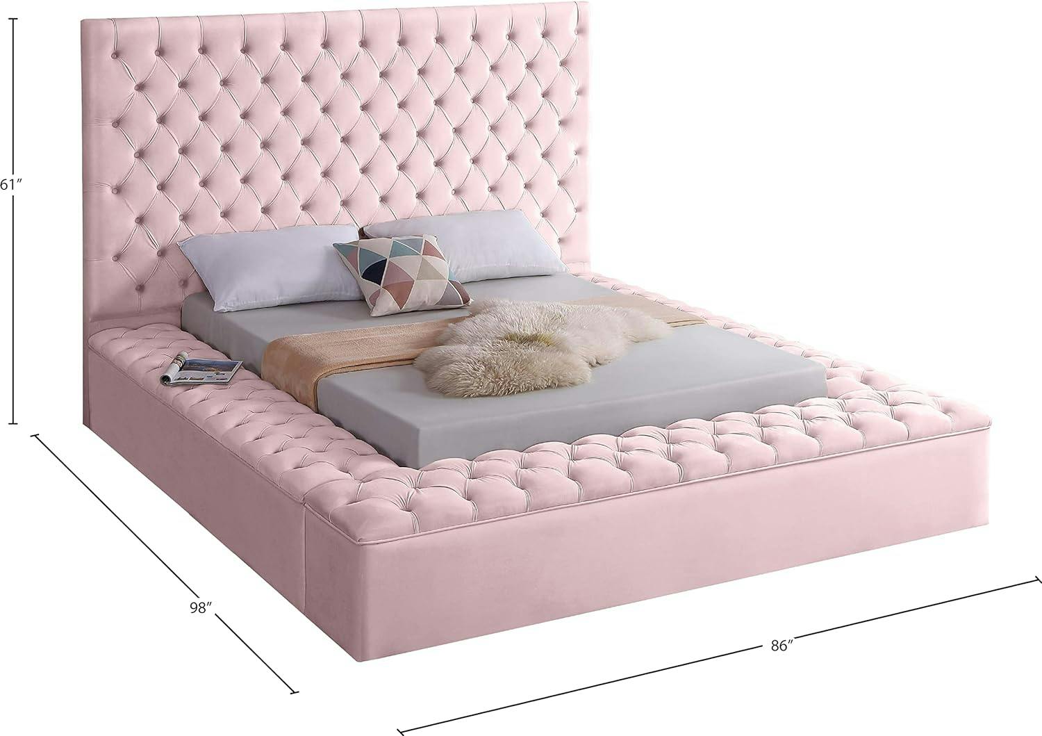 Elegant Pink Velvet Queen Bed with Tufted Headboard and Storage