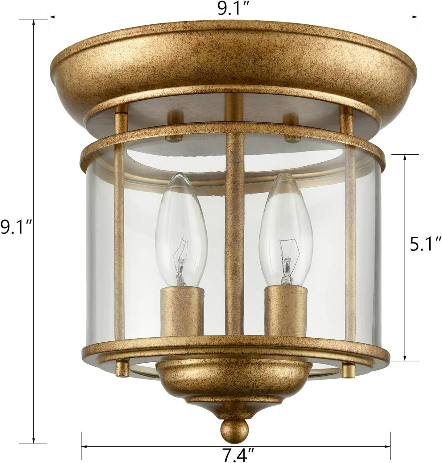 Rustic Gold Antiqued Brass 2-Light Flush Mount Ceiling Fixture