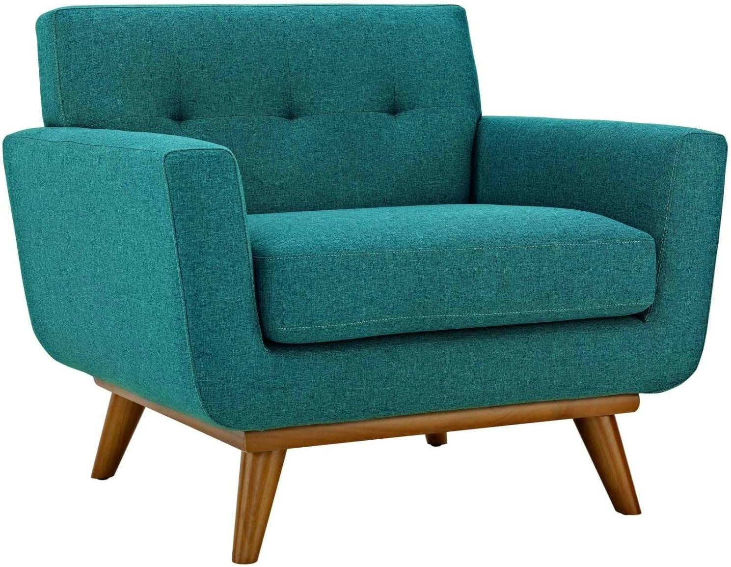 Teal Blue Plush Fabric Accent Armchair with Cherry Wood Legs