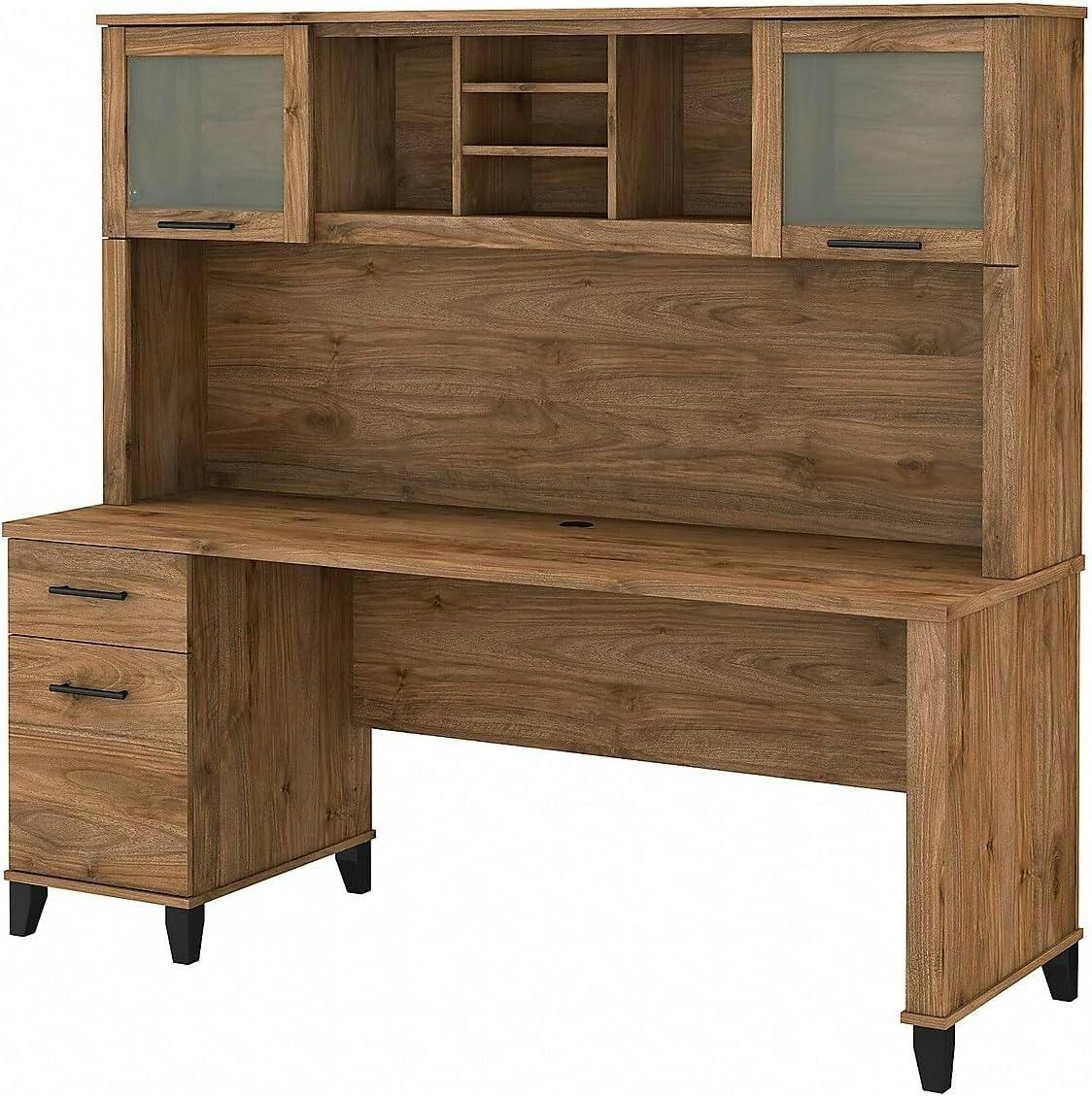 Elegant Fresh Walnut Engineered Wood Office Desk with Hutch and Drawers
