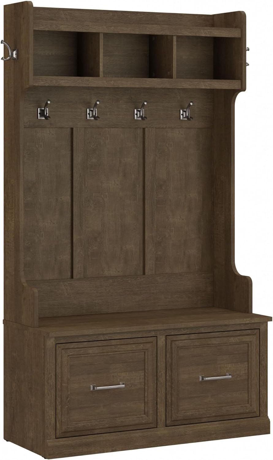 Transitional Ash Brown Hall Tree with Shoe Storage and Euro Hinges