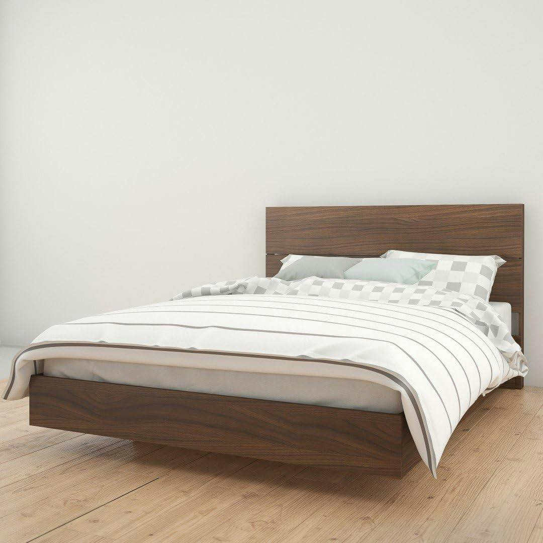 Celebri-T Queen Walnut Wood Frame Upholstered Platform Bed with Headboard