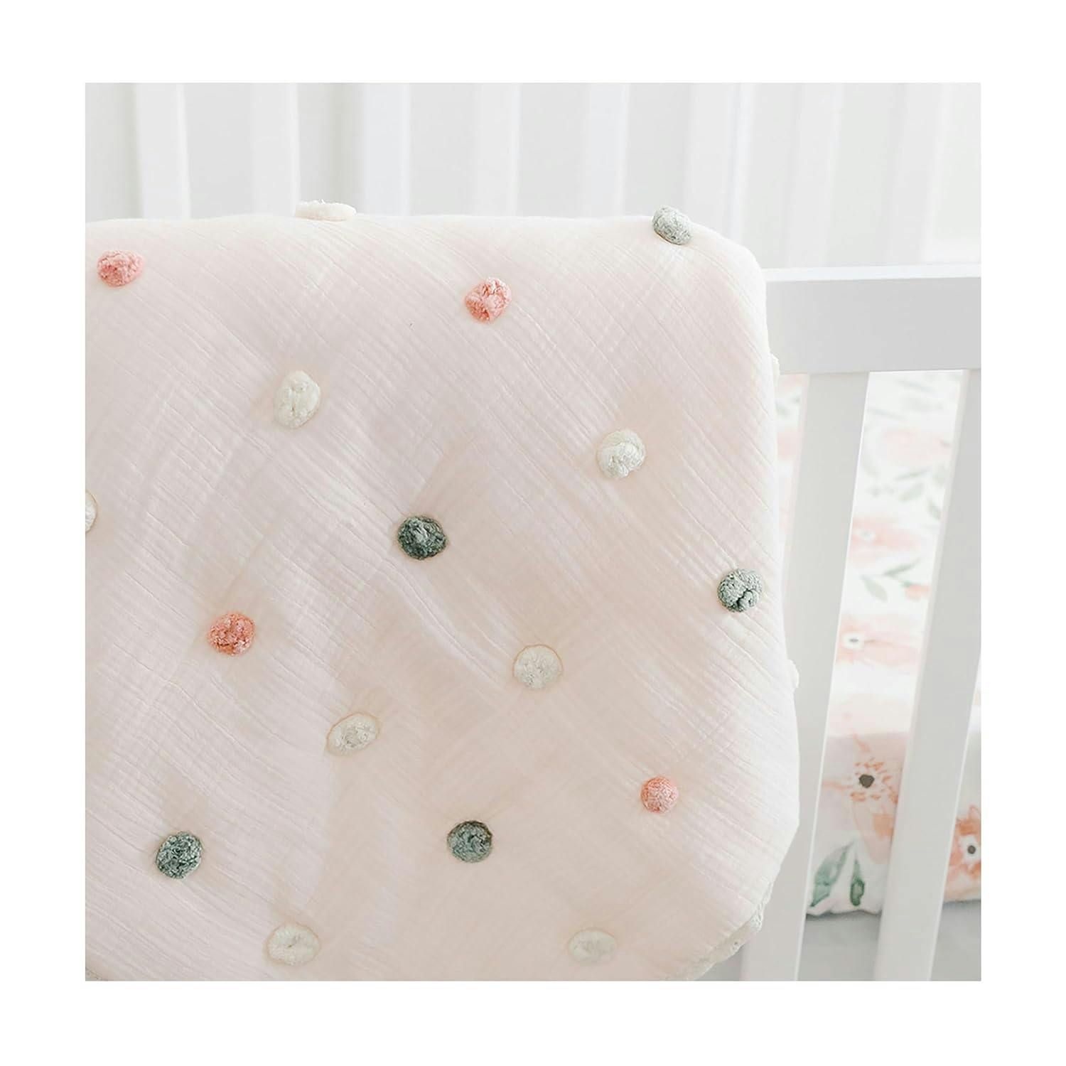 Parker Rose Light Pink Cotton Muslin Baby Blanket with Pom Poms