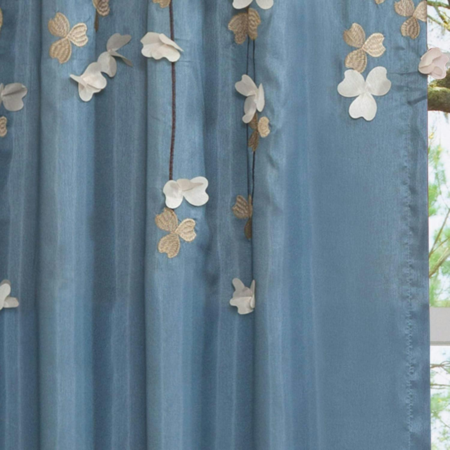 Blue Ivory Faux Silk Light-Filtering Floral Window Curtain