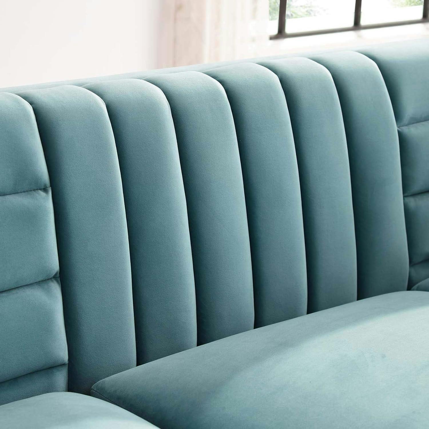 Light Blue Velvet Tufted Sofa with Gold Steel Legs