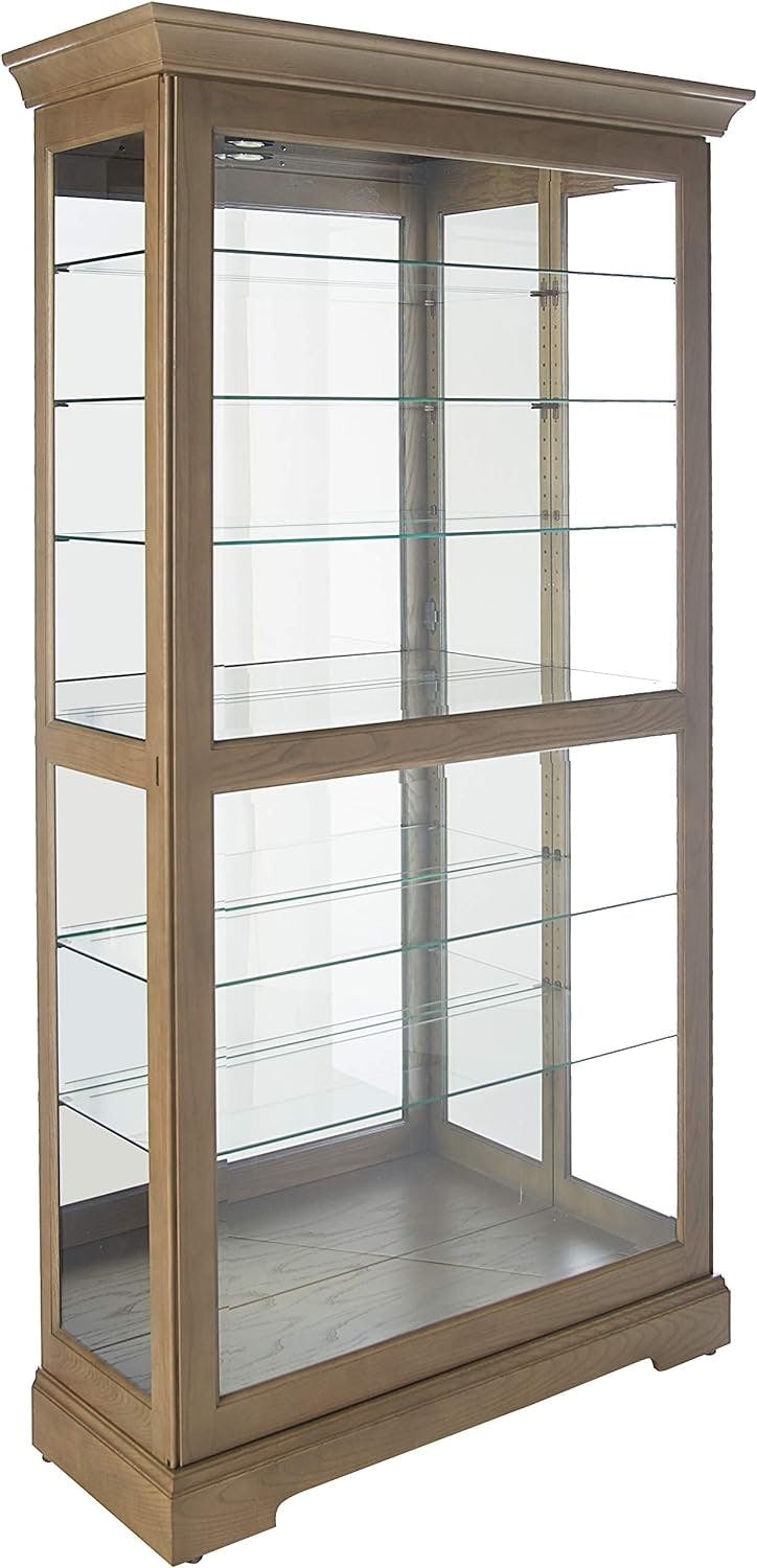 Transitional Gray-Brown Lighted Curio Cabinet with Adjustable Shelves