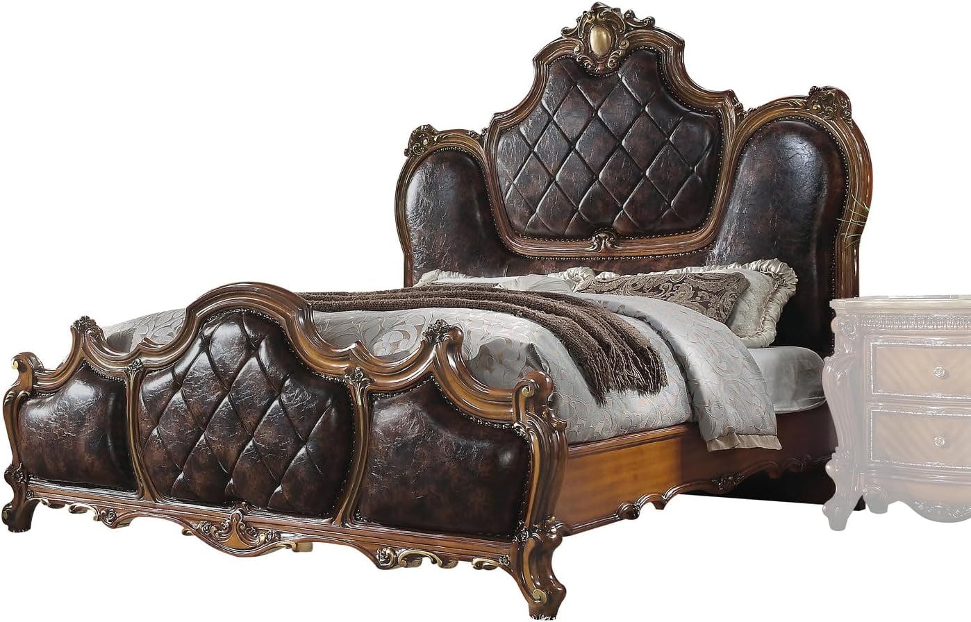 Elegant Pine King Bed with Tufted Upholstered Headboard and Nailhead Trim