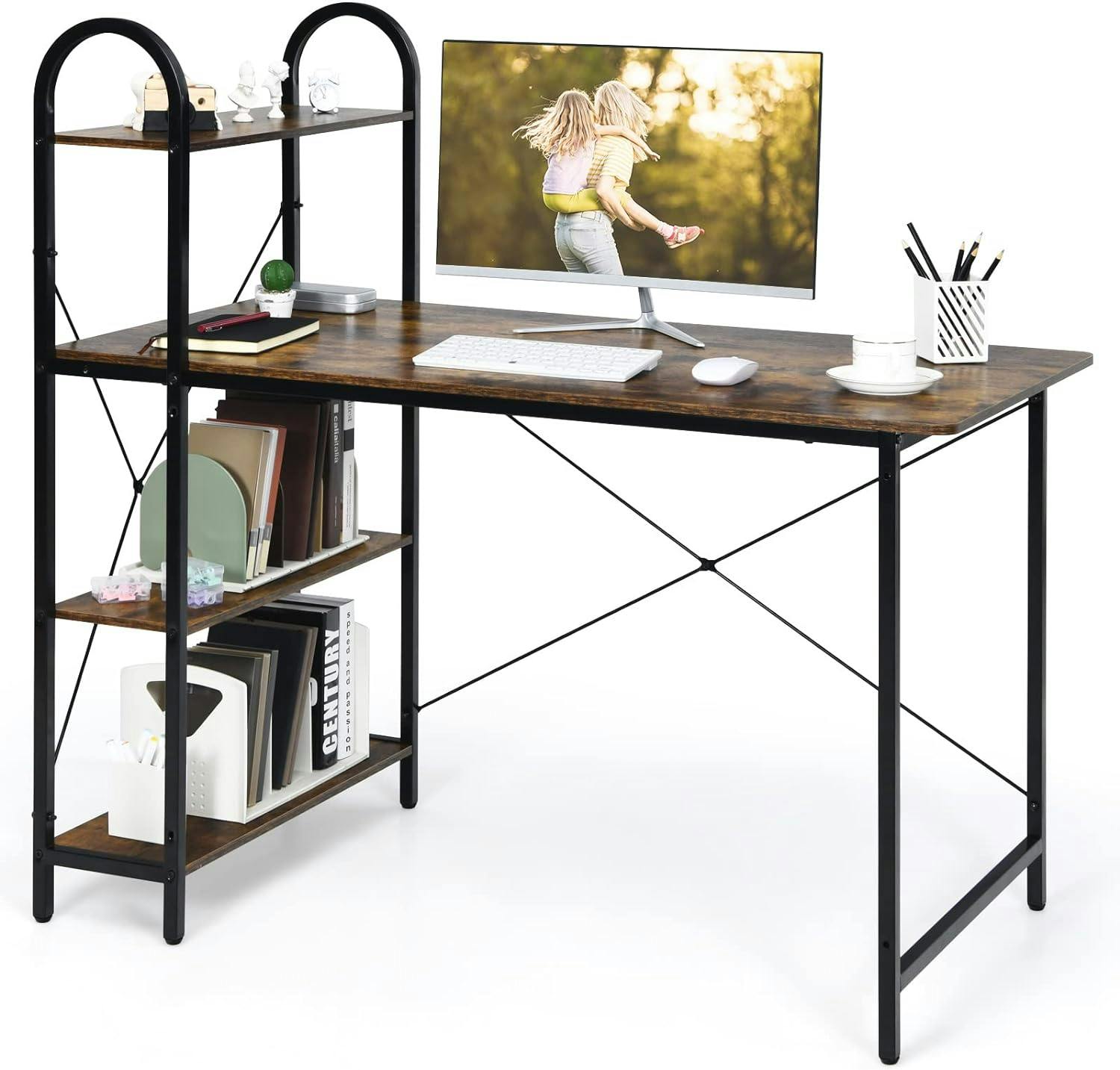 Rustic Brown 48'' Reversible Computer Desk with Metal Frame and Storage Shelves