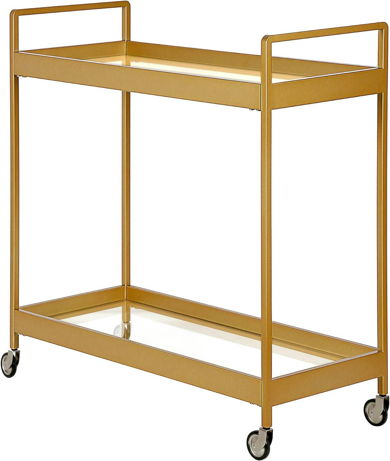 Glamourous Brass Finish Rectangular Bar Cart with Glass Shelves