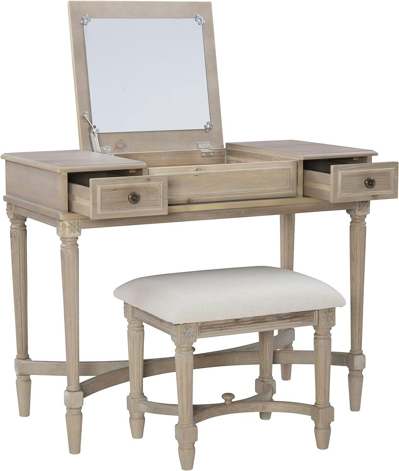 Cyndi Gray Wash Traditional Flip Top Vanity Set with Brass Accents