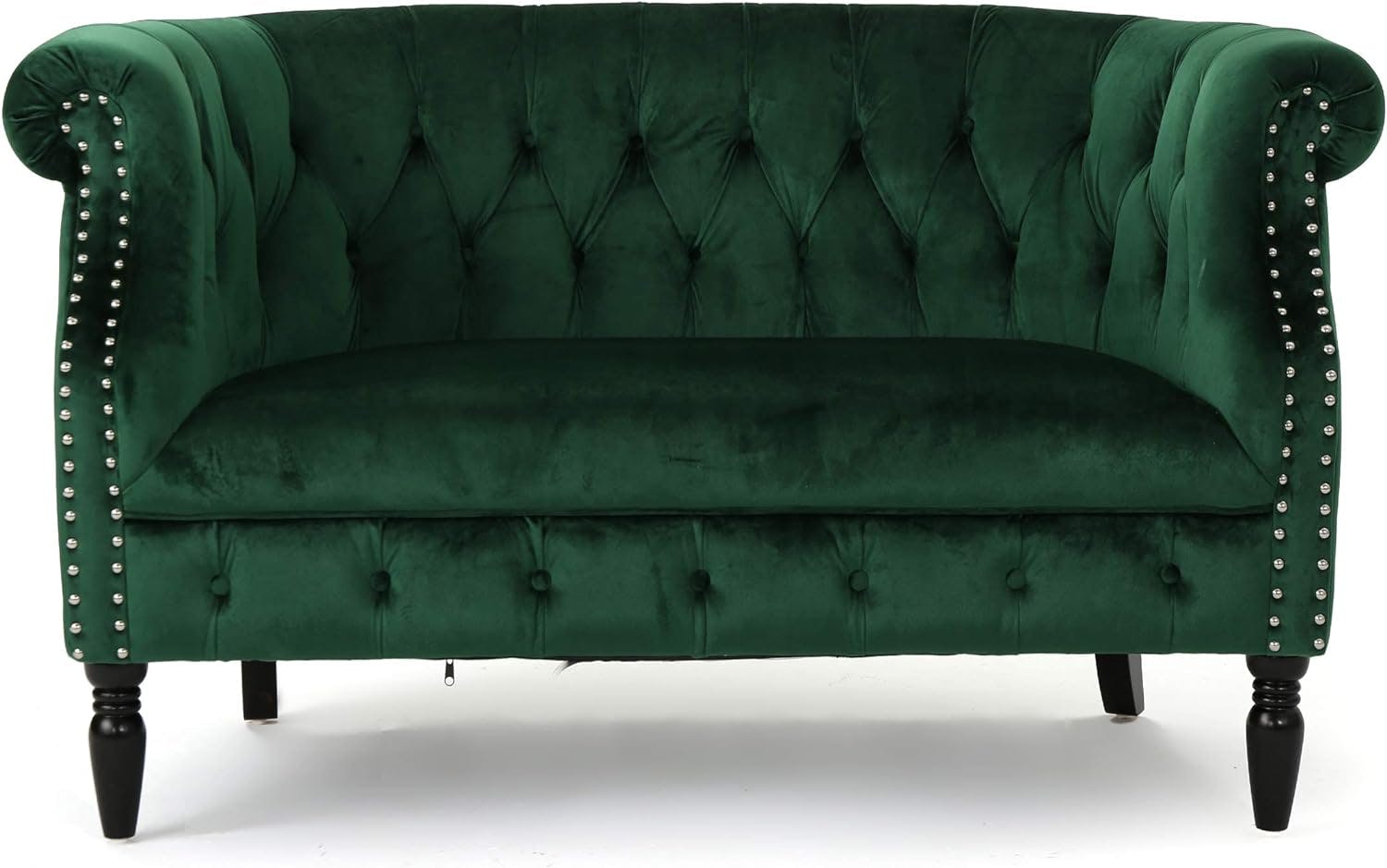 Emerald Velvet Chesterfield Loveseat with Nailhead Accents