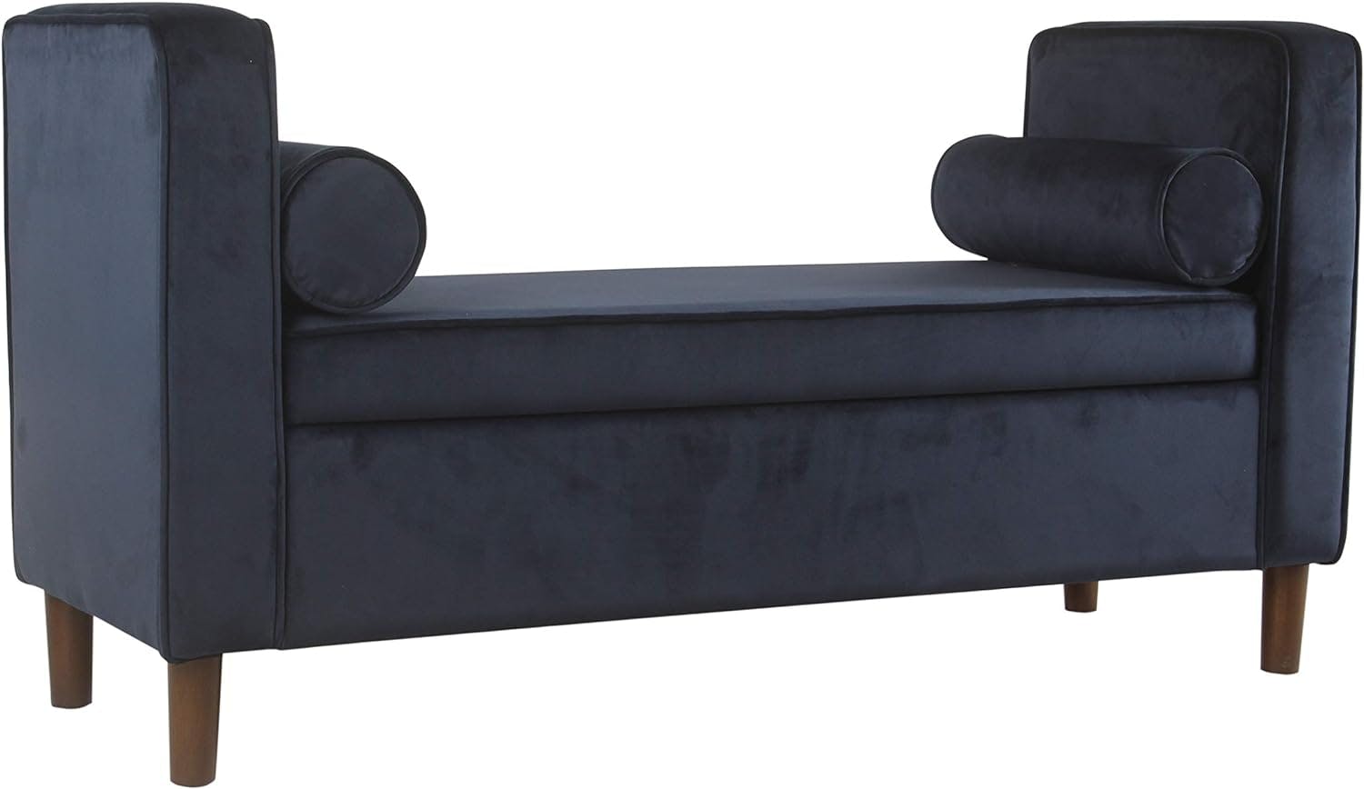 Mid-Century Dark Navy Velvet Storage Bench with Bolster Pillows