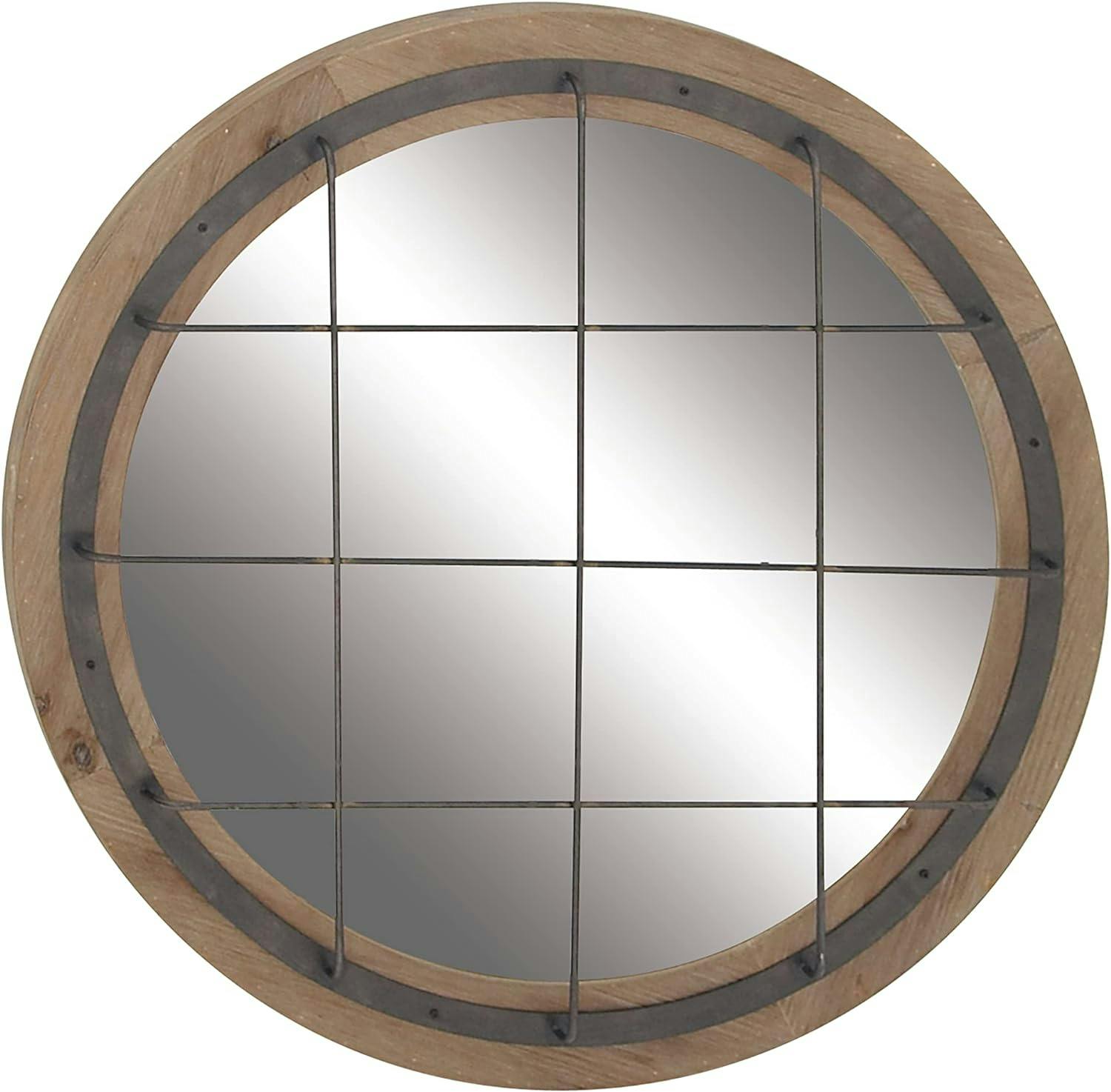 Rustic Brown Geometric Wood Round Wall Mirror, 31" Diameter