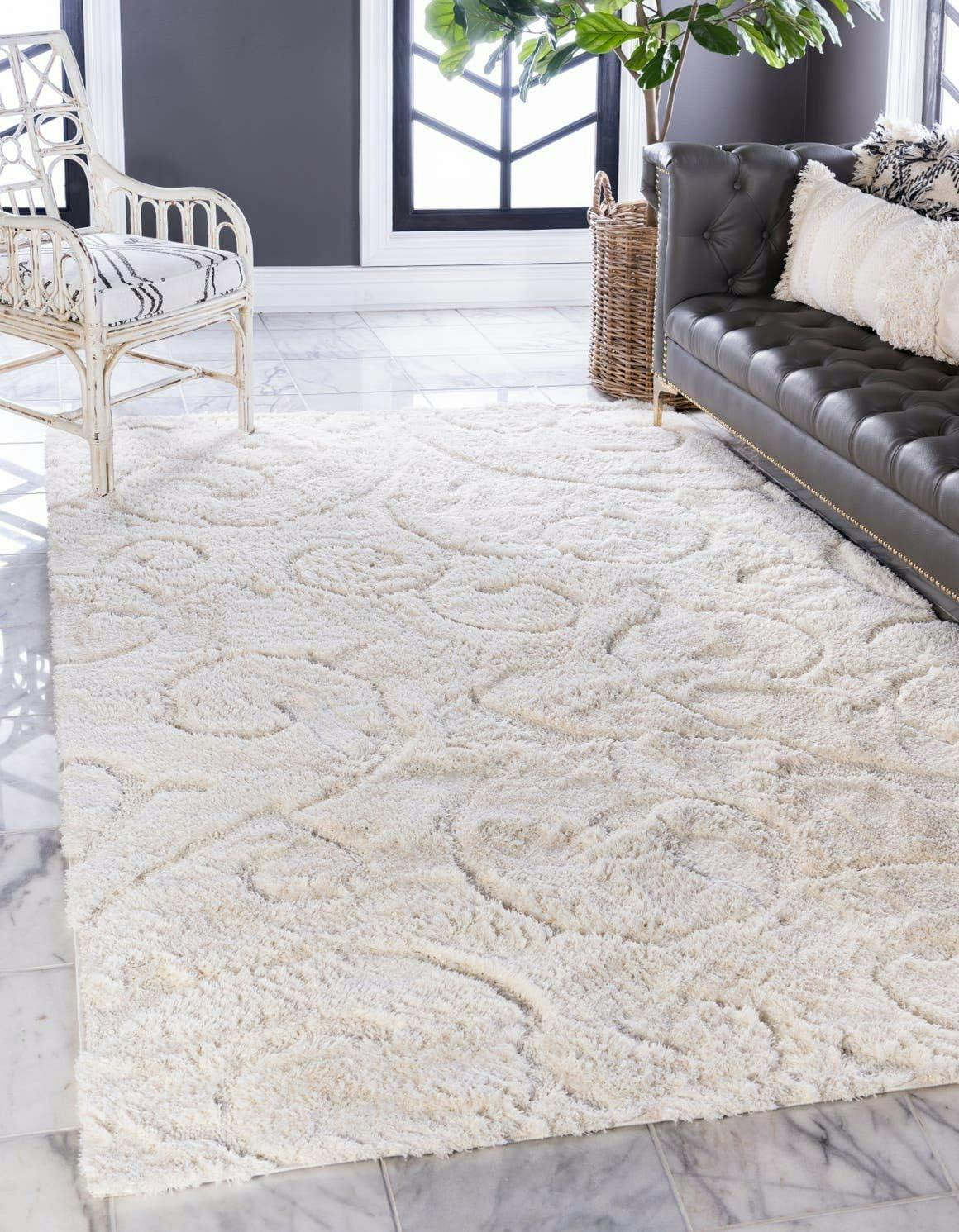 Ivory Floral Shag Synthetic 8' x 10' Easy Care Rug
