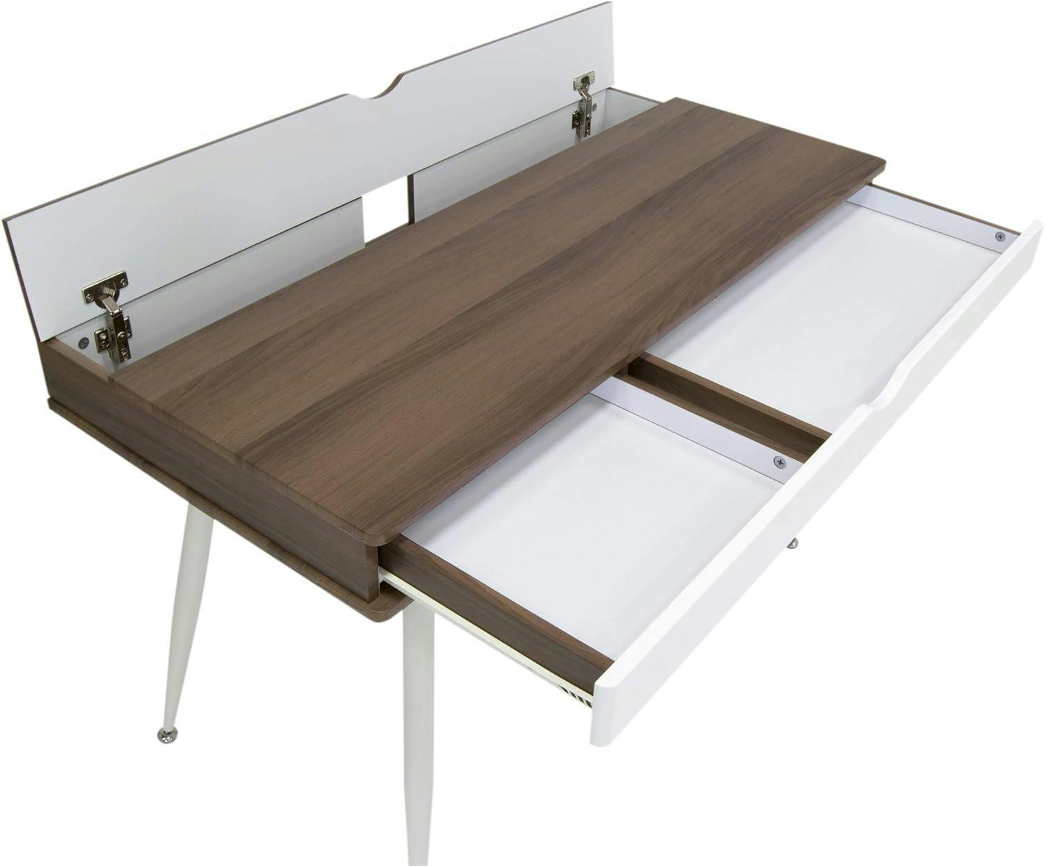 Mid-Century Modern White/Chestnut Writing Desk with Split Drawer