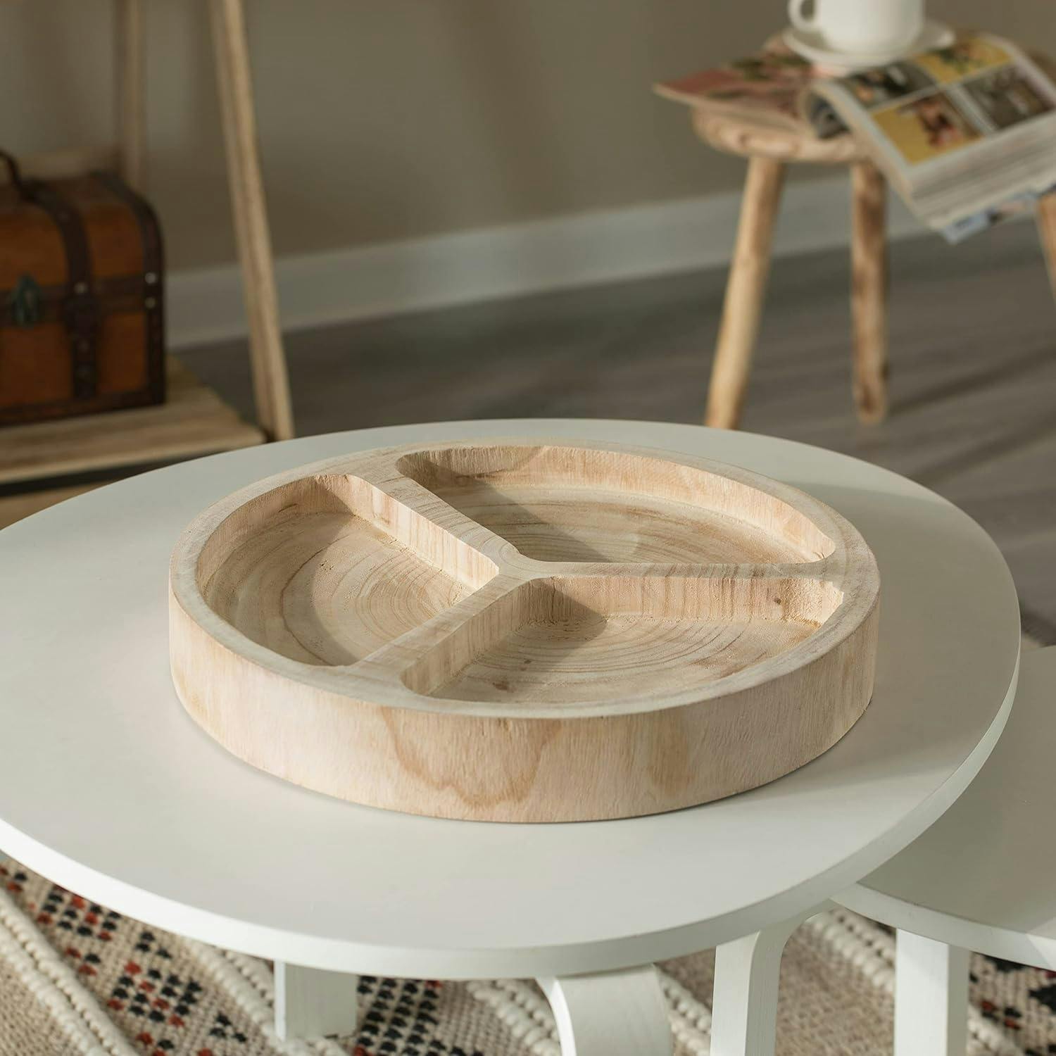 Natural Paulownia 3-Section Round Snack Serving Tray