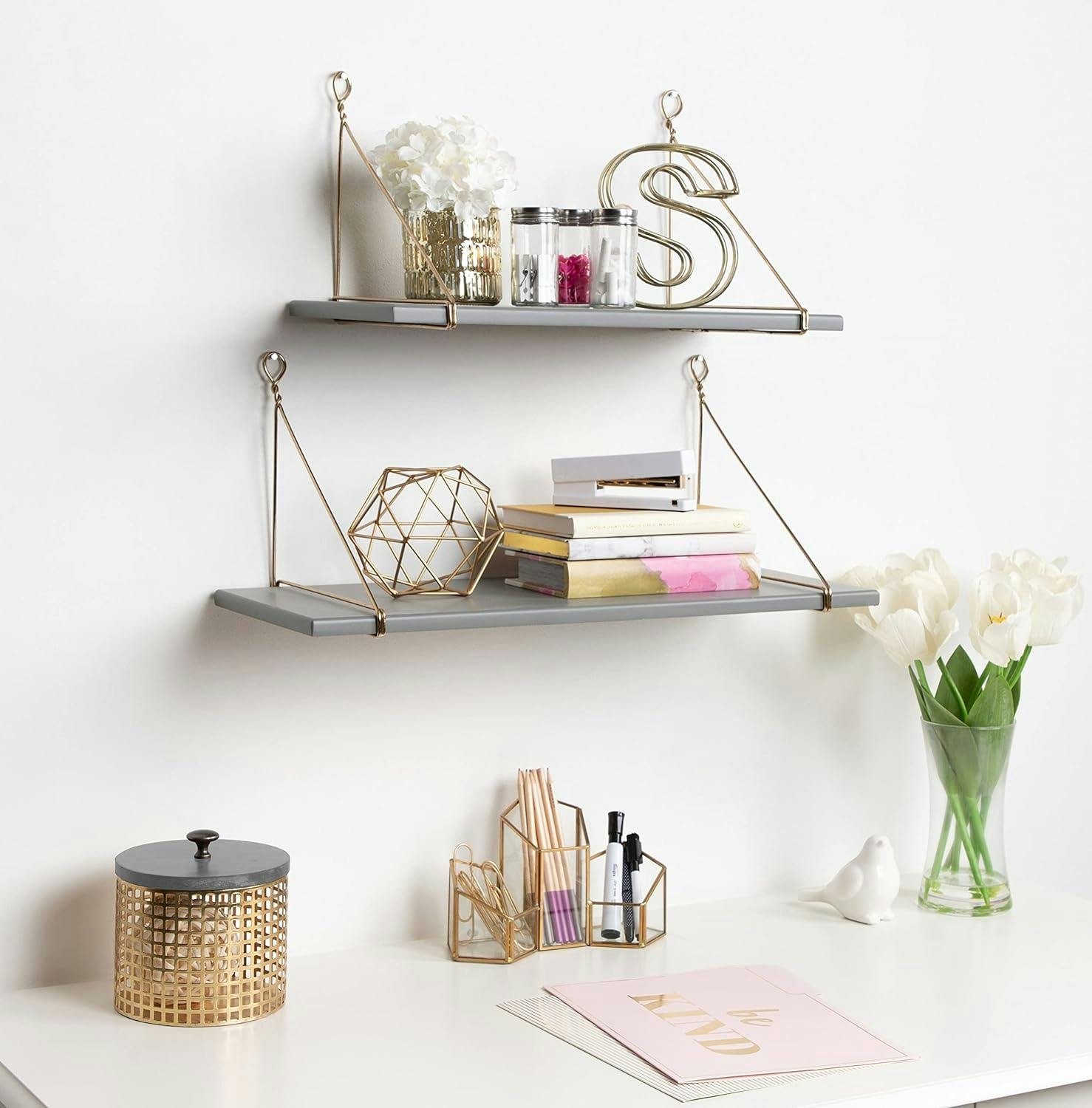 Vista Gray and Gold Wood and Metal Bracket Wall Shelves, 2-Piece Set