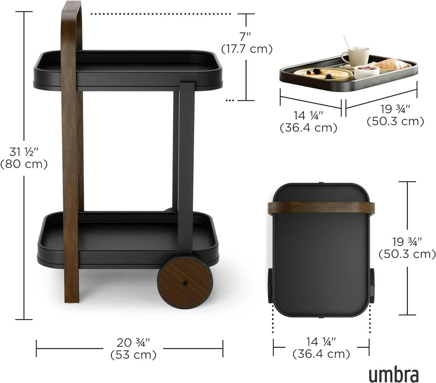 Modern Two-Toned Black/Walnut Wooden Bar/Storage Cart with Wheels