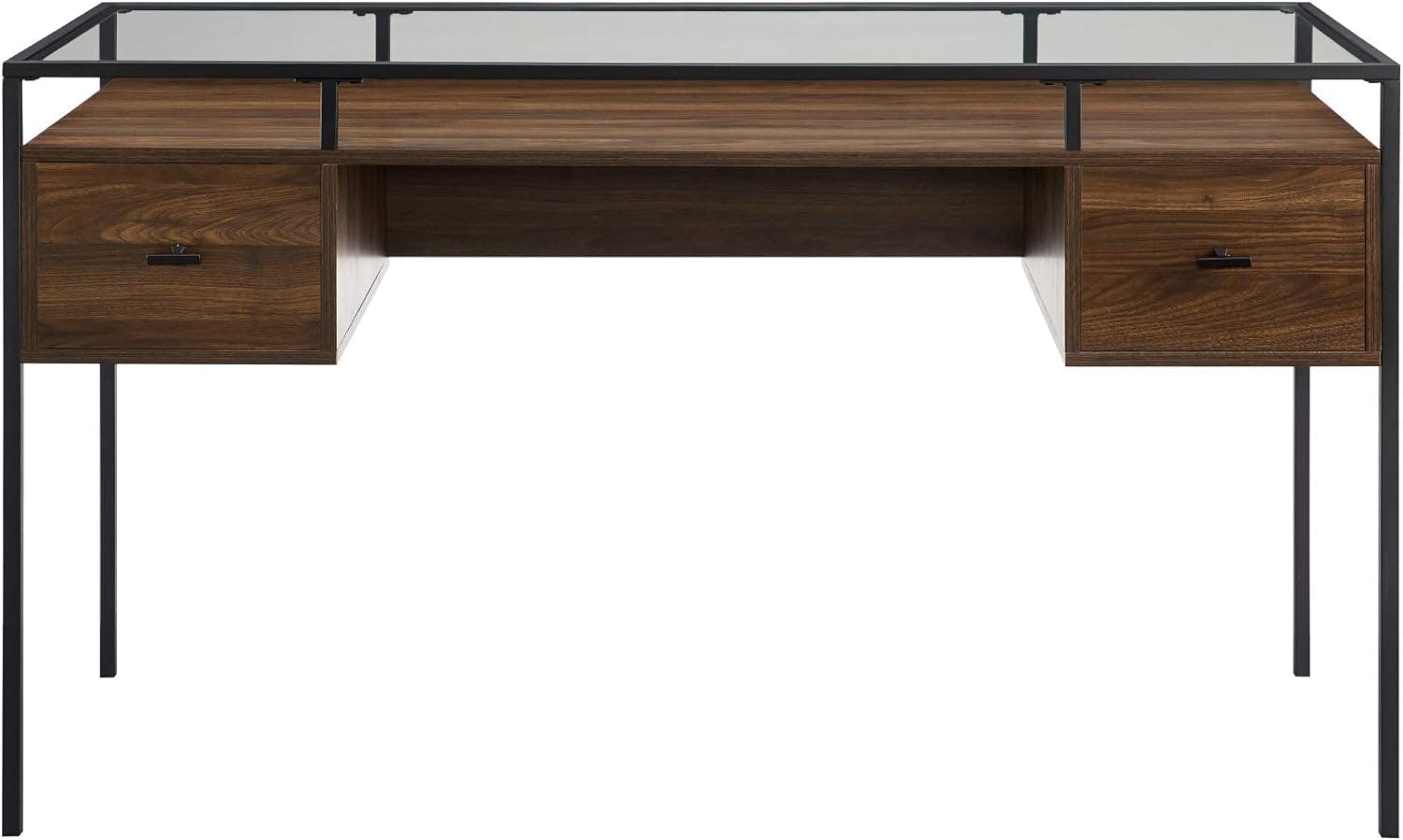 Modern Dark Walnut 56" Glass-Top Writing Desk with Drawers
