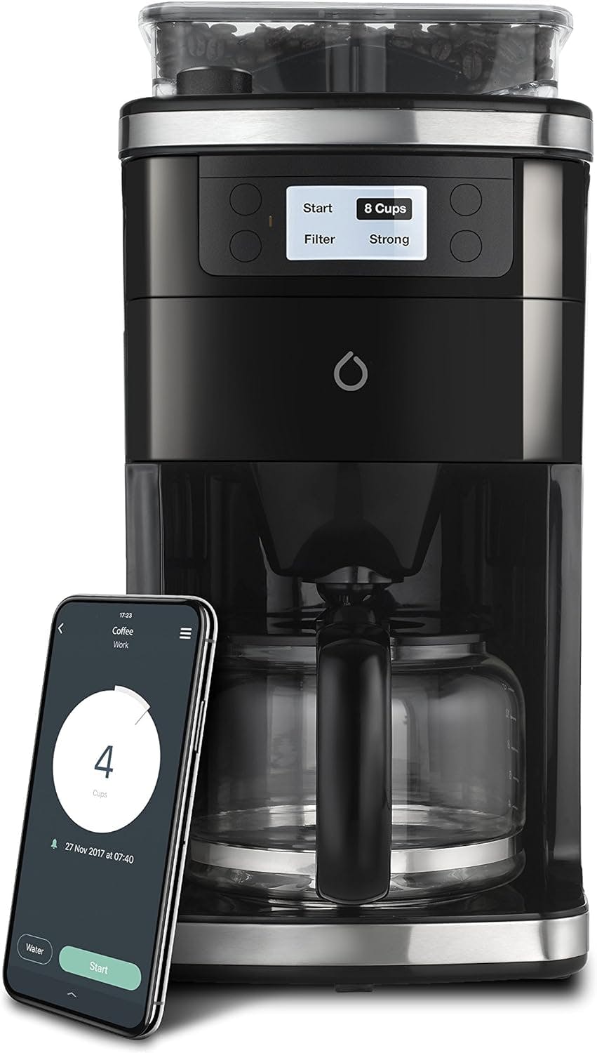 Smart 12-Cup Black Glass Carafe Coffee Maker with Grinder & App Control