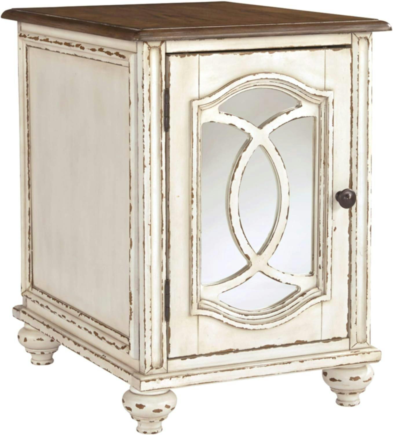 Antiqued Two-Tone Mirrored Cottage End Table with Storage