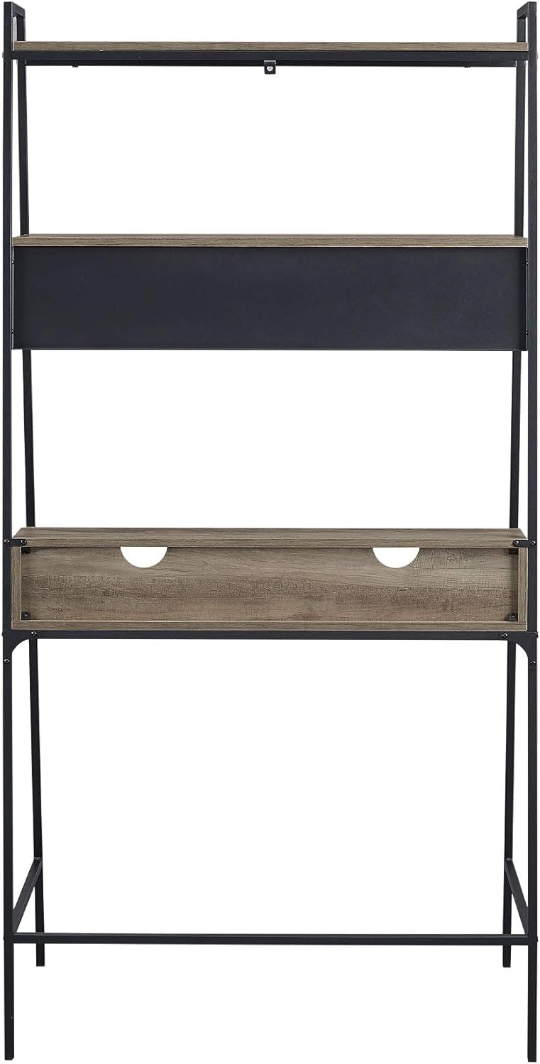 Grey Wash 36" Wood & Metal Ladder Desk with Drawer & Shelves