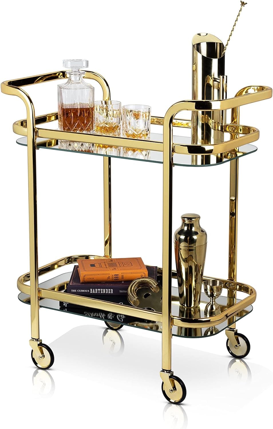 Belmont Polished Gold Stainless Steel Bar Cart with Glass Shelves