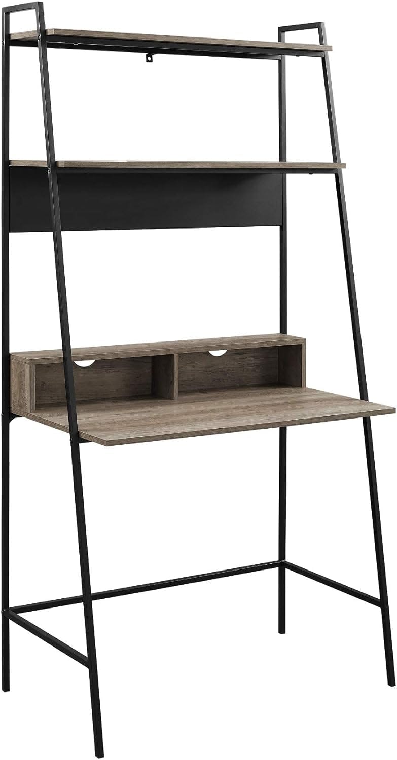 Grey Wash 36" Wood & Metal Ladder Desk with Drawer & Shelves
