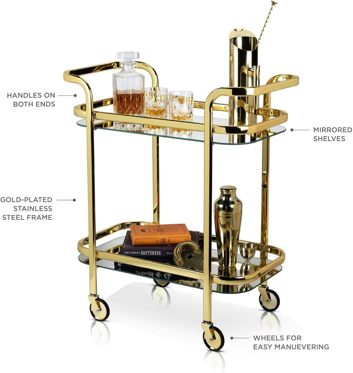 Belmont Polished Gold Stainless Steel Bar Cart with Glass Shelves