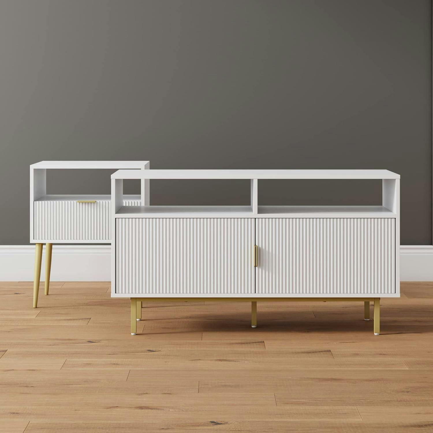 Jacklyn White Fluted 50" Mid-Century Media Unit with Gold Accents