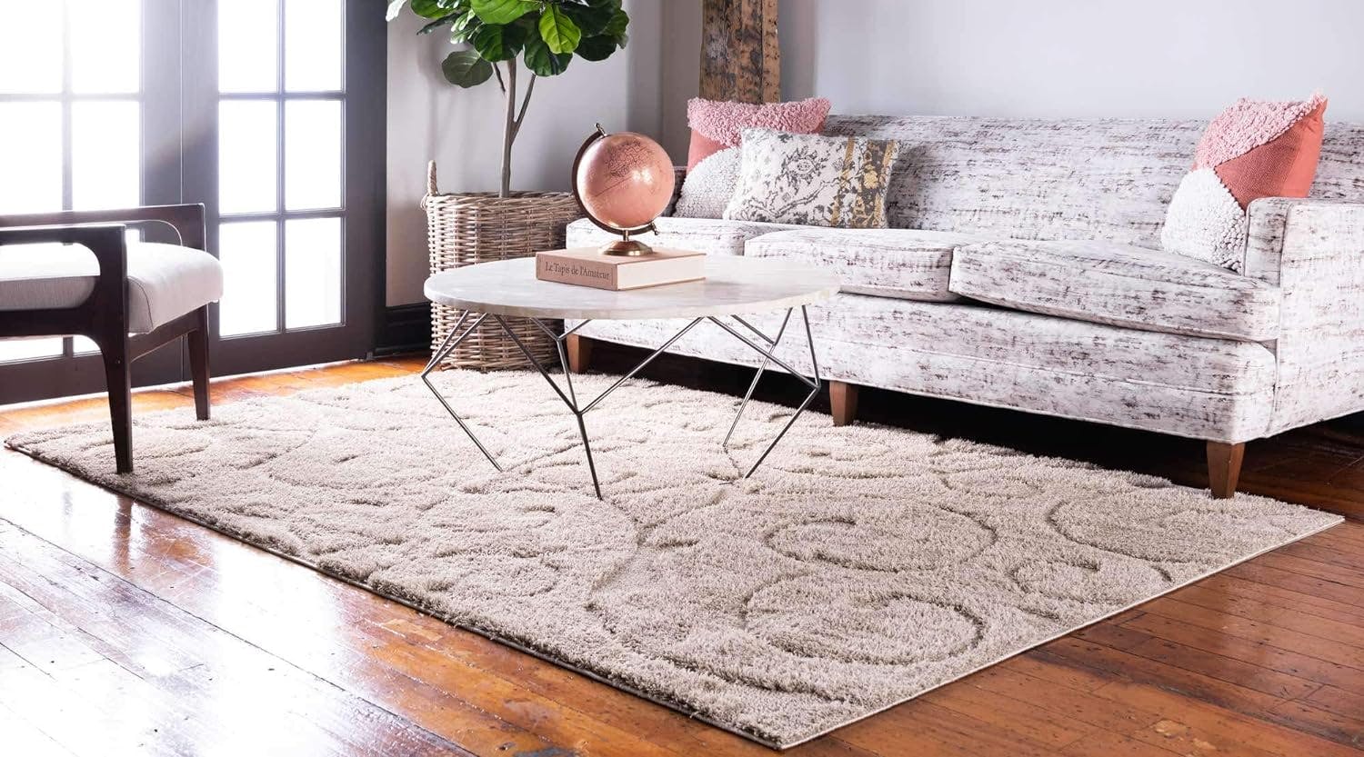 Elegant Beige Floral Shag Area Rug, 4' x 6', Easy Care Synthetic
