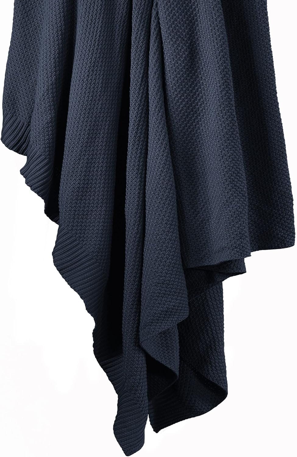 Luxurious Navy Cotton Knit Throw Blanket, 50x60 inch, Cozy Farmhouse Style