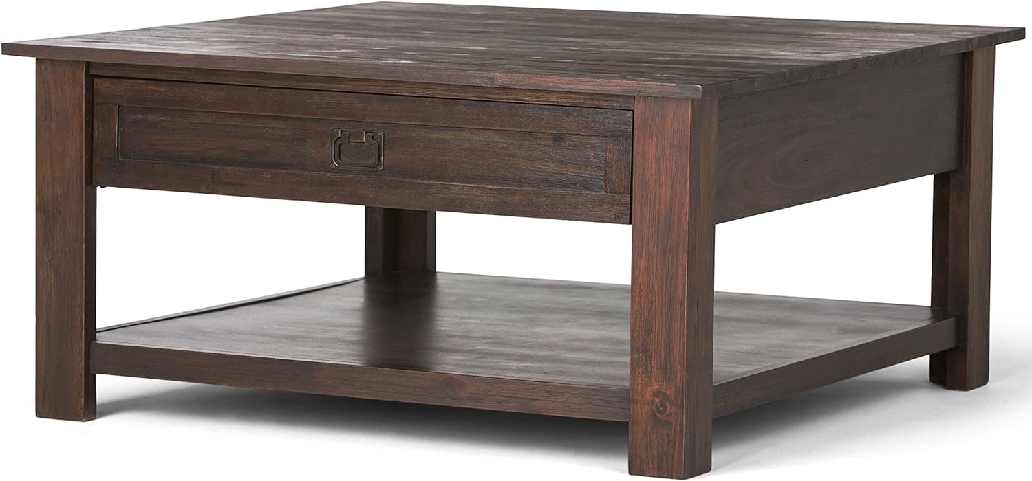 Rustic Acacia Wood Square Coffee Table with Storage in Charcoal Brown