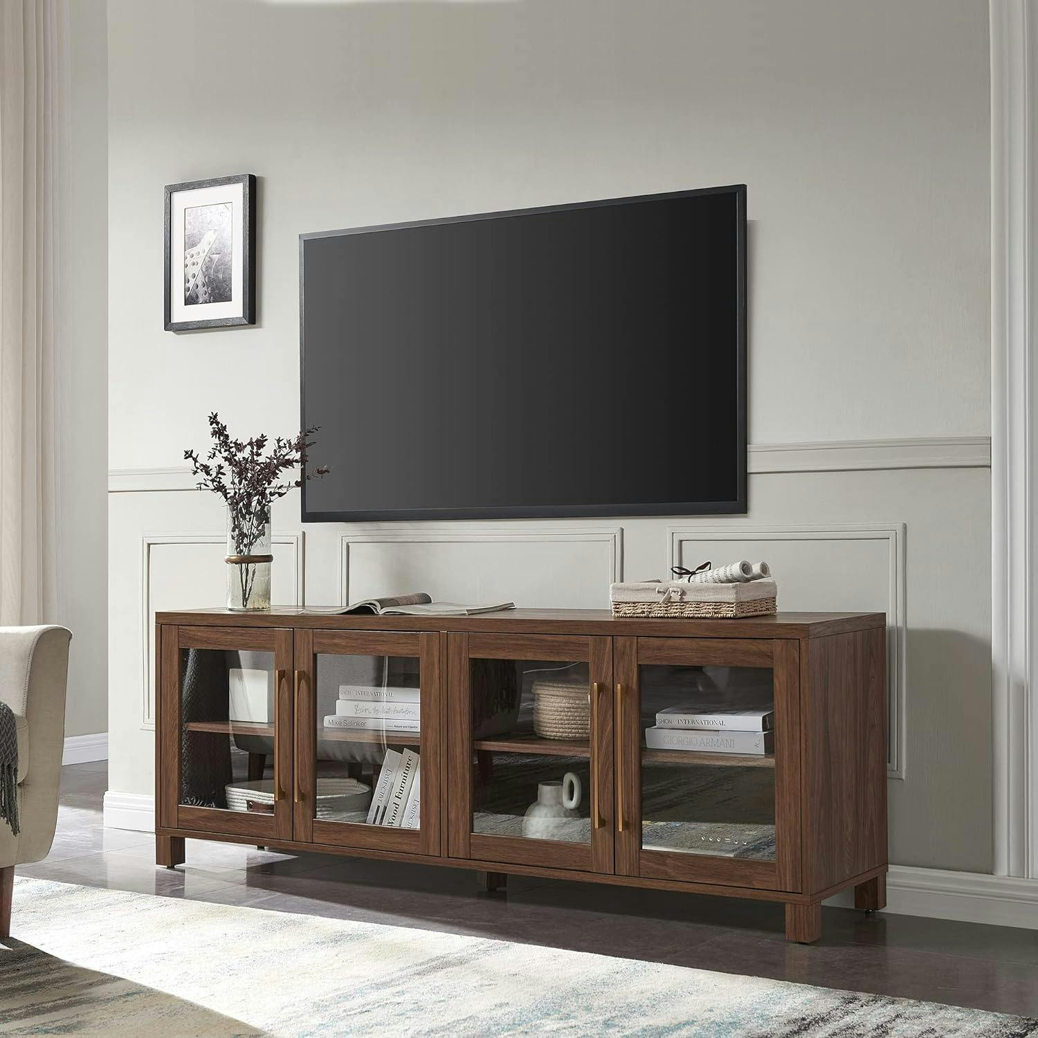 Quincy Transitional 68'' Walnut TV Stand with Fireplace and Cabinets
