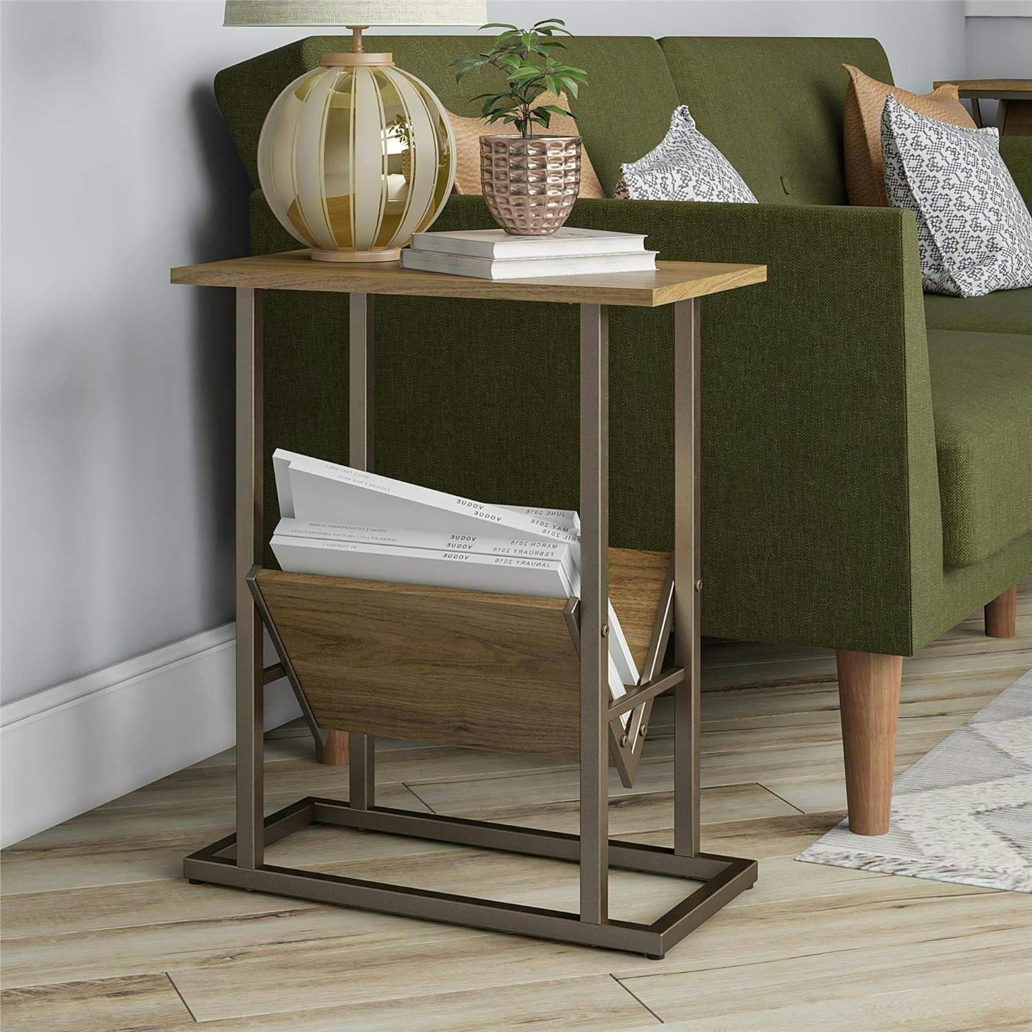 Regal Walnut End Table with Metal Frame and Storage Shelf