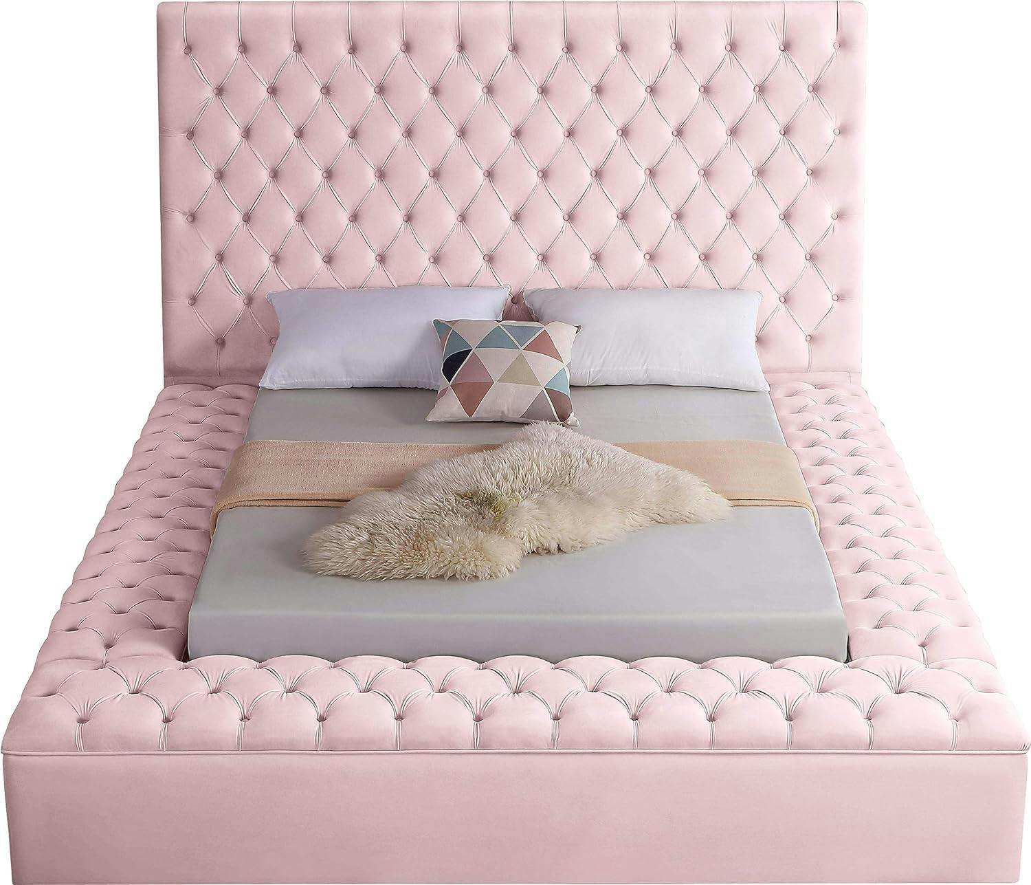 Elegant Pink Velvet Queen Bed with Tufted Headboard and Storage