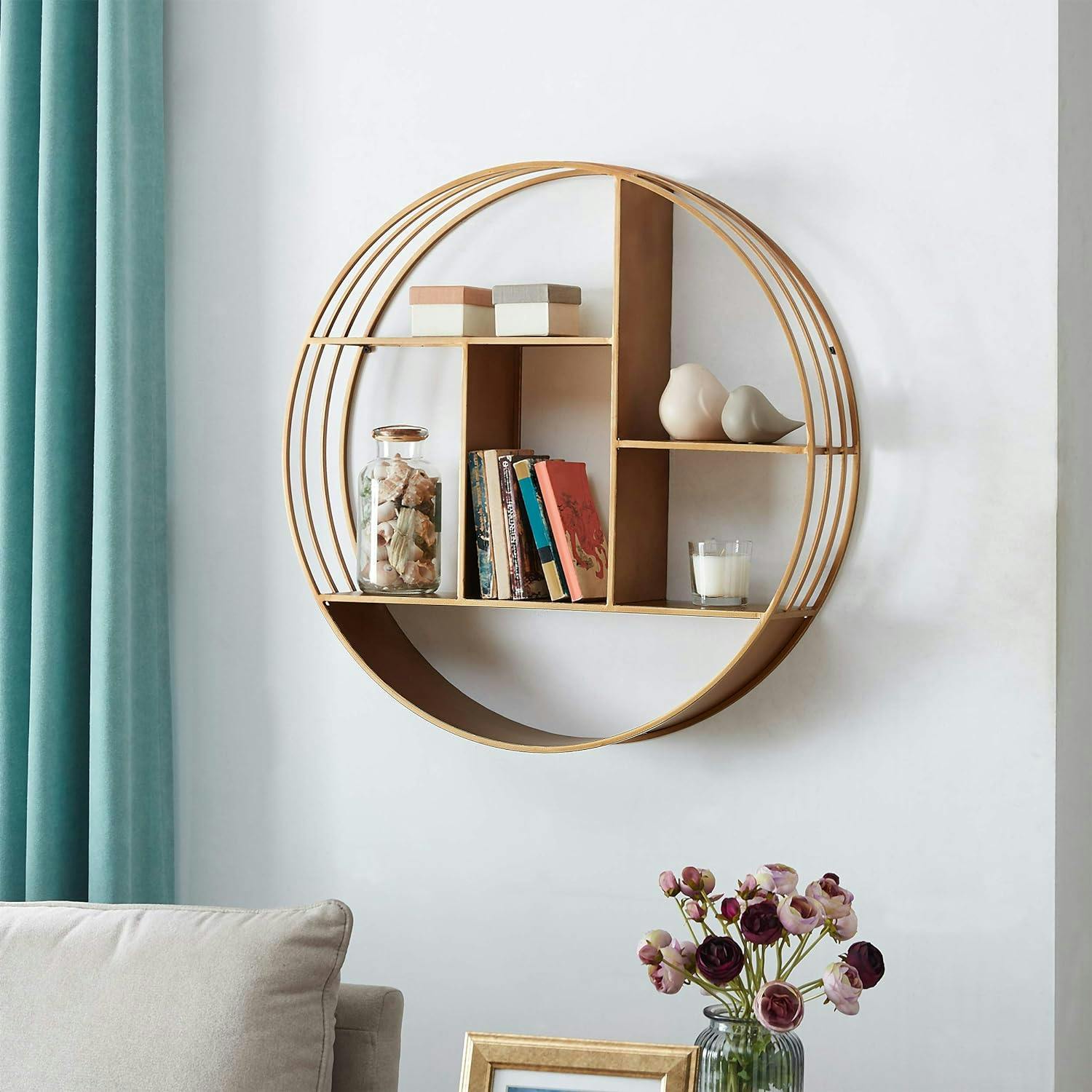 Elegant Gold Circular Metal Wall Shelf, 29.5" Modern Storage