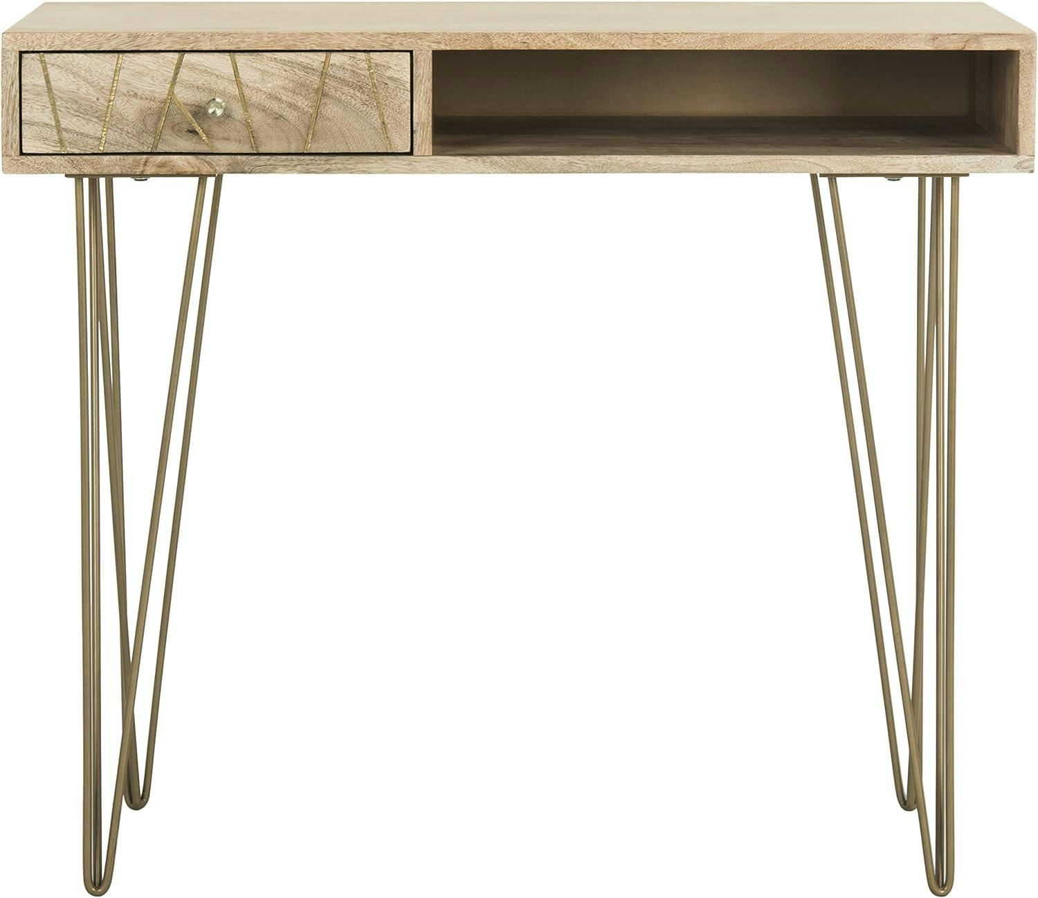 Transitional Beige Wood Home Office Desk with Drawer