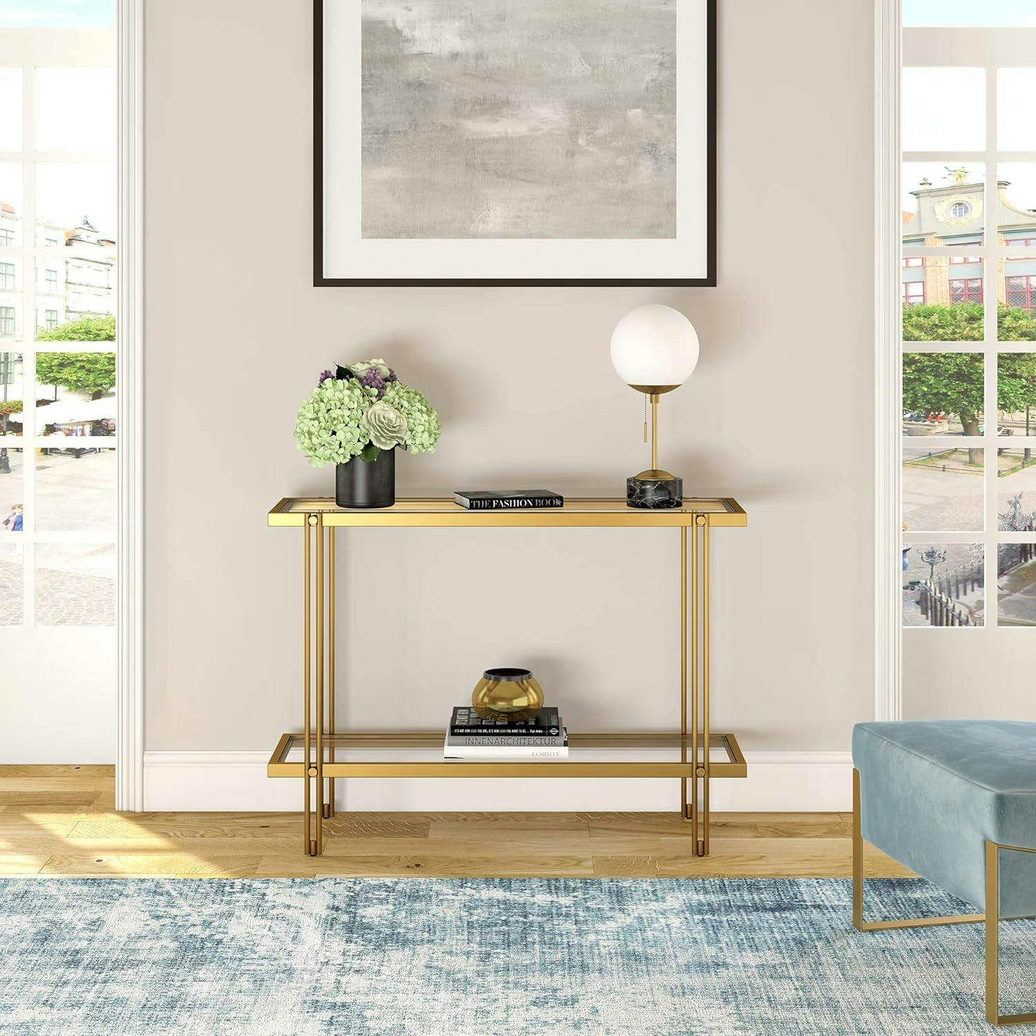 Modern Brass Finish Rectangular Coffee Table with Glass Storage Shelf
