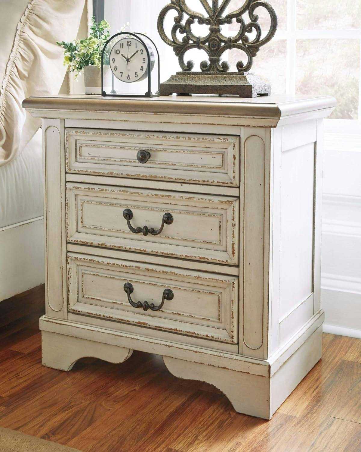 Chipped White & Distressed Wood 3-Drawer Nightstand with USB Ports