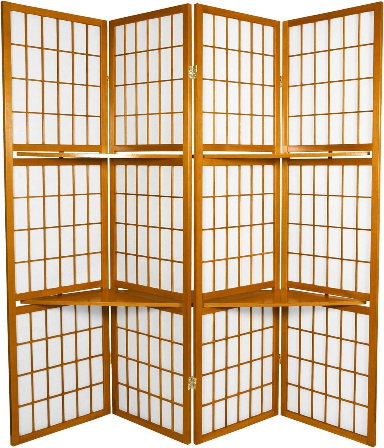 Honey-Toned Scandinavian Spruce Shoji Room Divider with Display Shelves