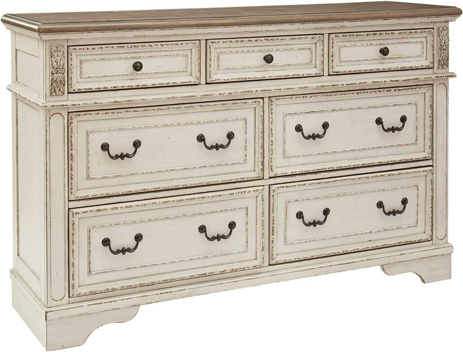 Vintage Charm Brown & Distressed White 7-Drawer Double Dresser