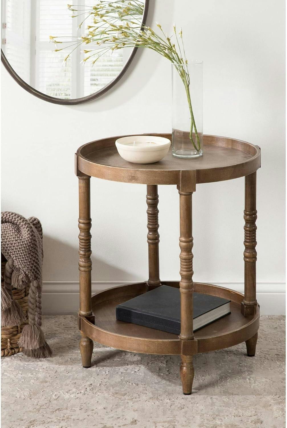 Colonial Rustic Brown Wooden Round Dual-Tier End Table
