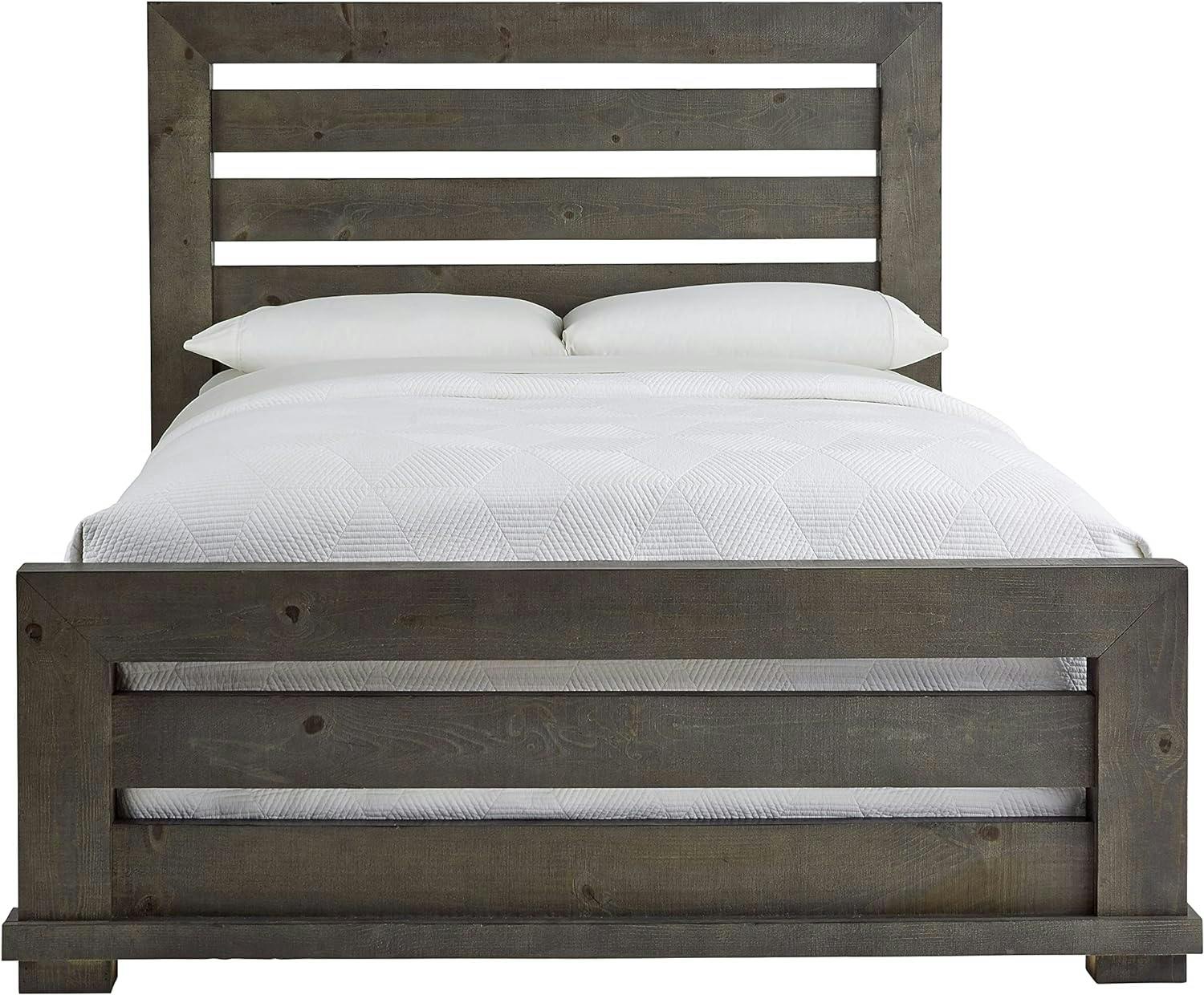 Transitional Gray Pine Queen Panel Bed with Upholstered Headboard
