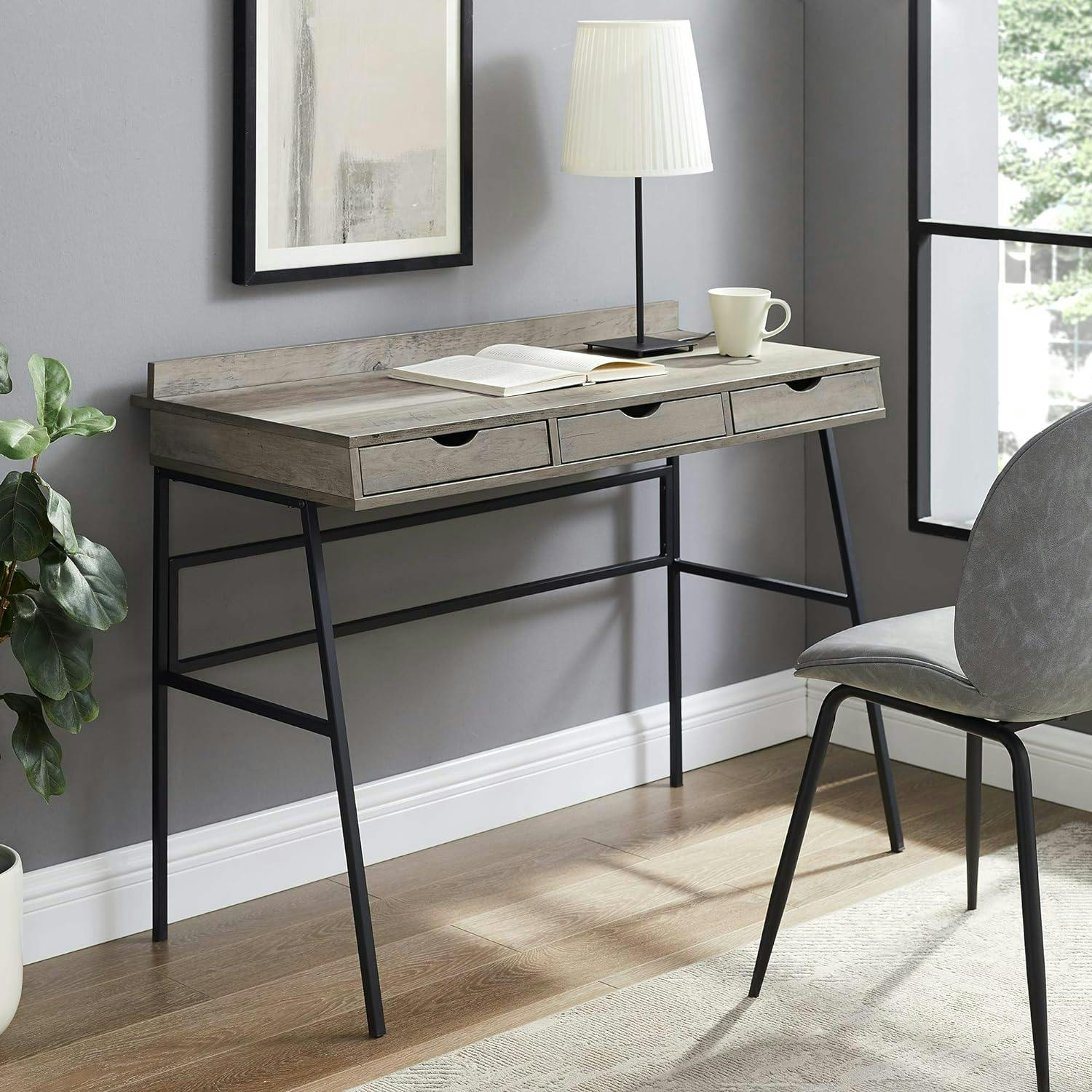 Serene Grey Wash 42" Modern Writing Desk with 3 Drawers