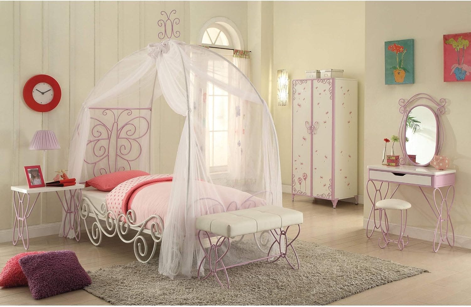 Priya Butterfly Charm White and Light Purple Vanity Set with Bench