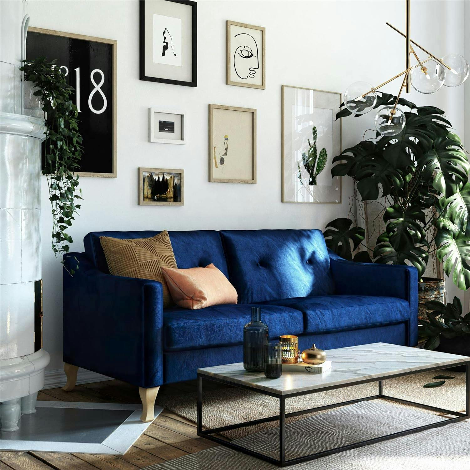 Tess 74" Blue Velvet Upholstered Sofa with Soft Pocket Coil Cushions
