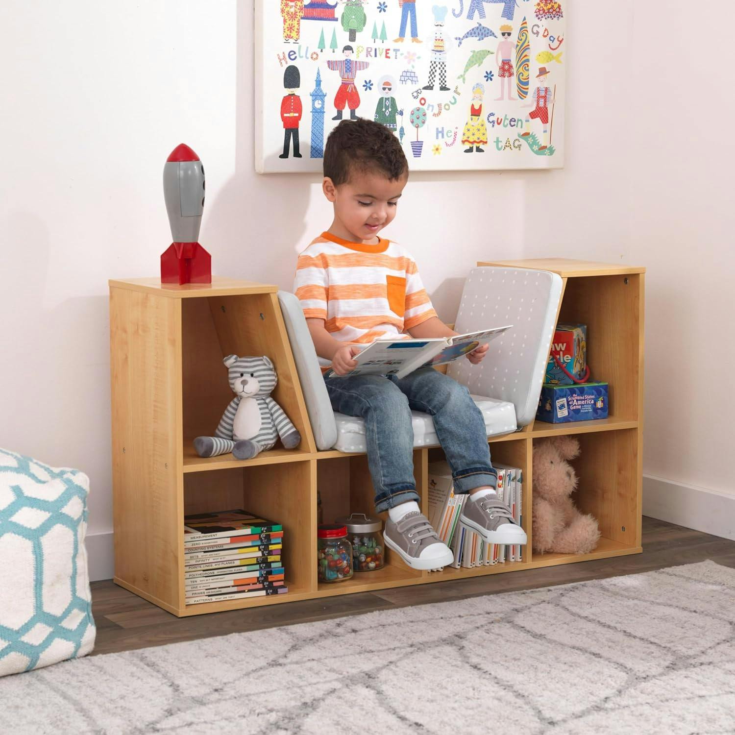 Cozy Corner Natural Wooden Bookcase with Cushioned Reading Nook