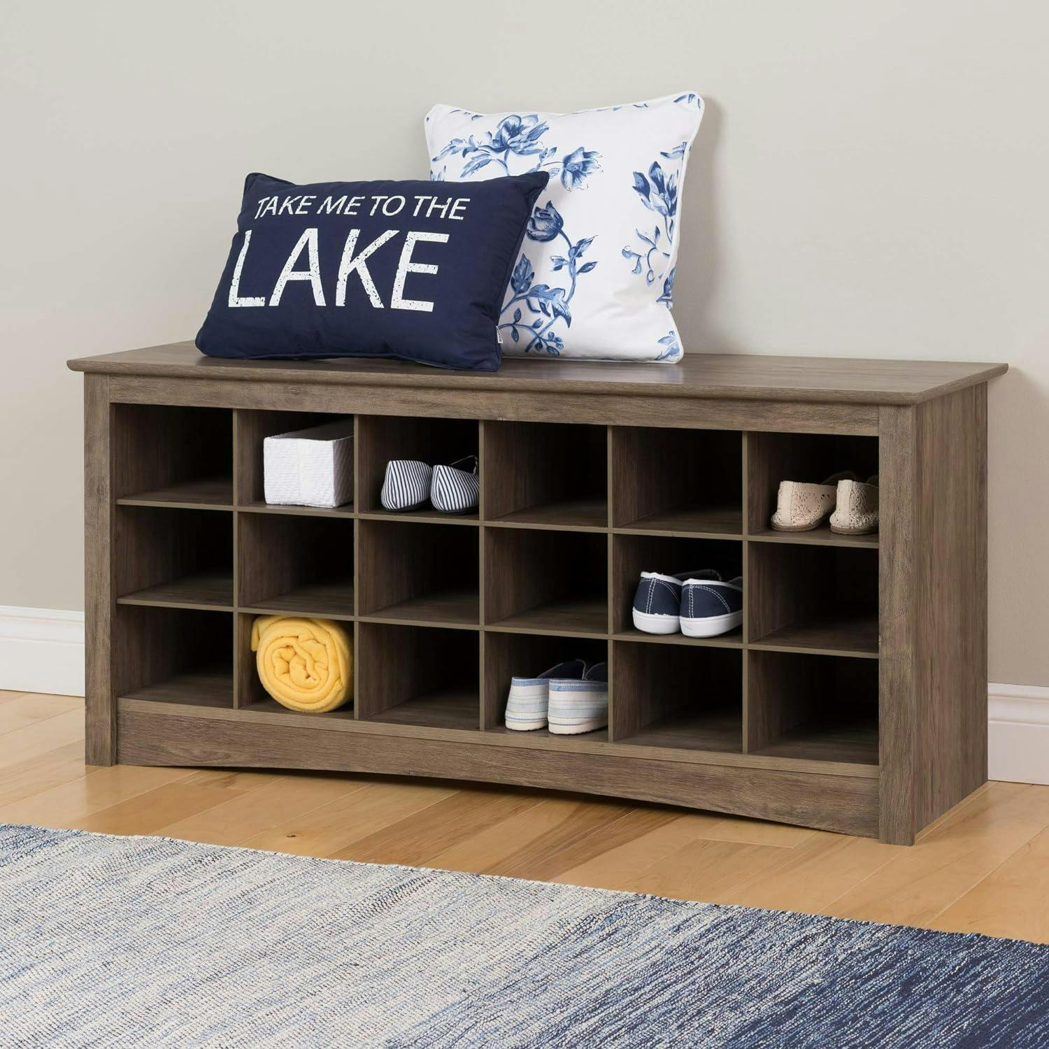 Drifted Gray Entryway Shoe Storage Bench with 18 Cubbies