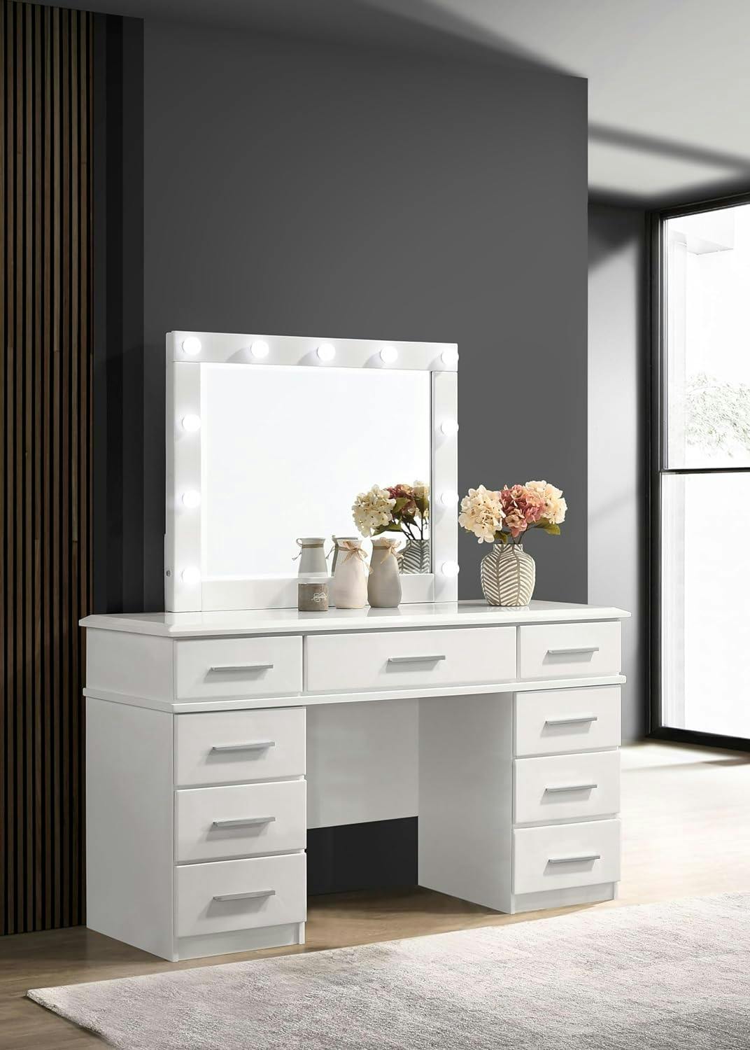 Contemporary Glossy White Vanity Desk with Lighted Hollywood Mirror